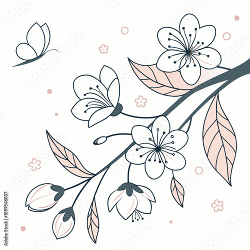 Delicate branch adorned with blossoming flowers and a perched bluebird