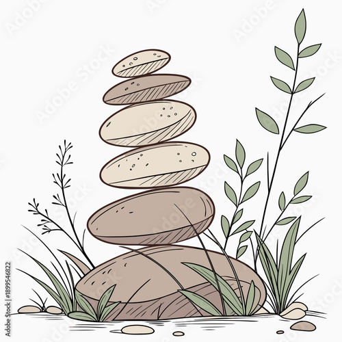 Balanced stones stacked delicately in a natural outdoor setting with plants around