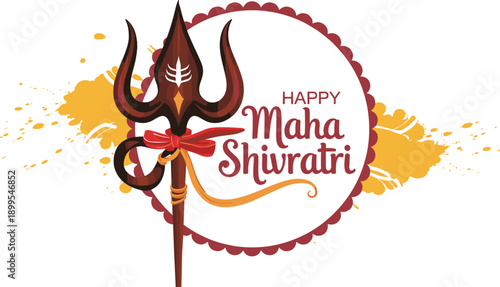 Maha Shivratri Trident Festive Greeting with Red Bow and Yellow Splatter