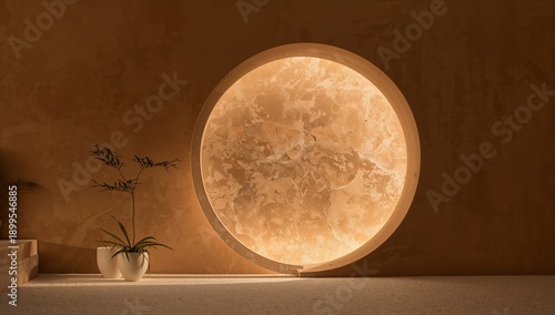 Bright Circular Window Framed by Warm Wall With Plant in Corner During Evenin...