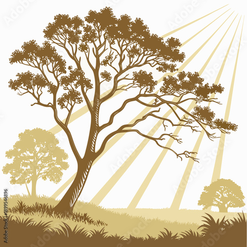 Autumnal trees standing tall against a golden, serene sky with soft sunlight filtering through branches