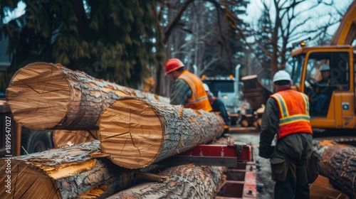Workers loading timber logs onto truck for transportation