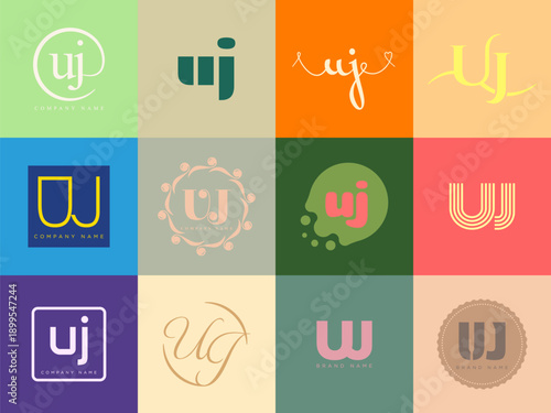 UJ logo company template. Letter u and j logotype. Set different classic serif lettering and modern bold text with design elements. Initial font typography.