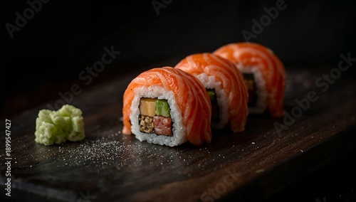 Fresh Salmon Sushi With Wasabi and Ginger Served on a Wooden Platter in a Res...
