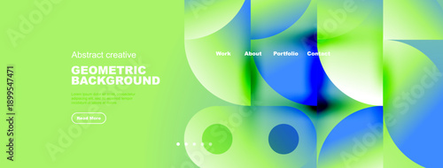 Bright abstract geometric background. Vivid colors blend, creating modern design. Text elements present, navigation visible.