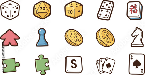 Cartoon vector illustration of board game icons including dice, domino, Mahjong tile, chess piece, cards, meeple, pawn, and puzzle for gaming projects