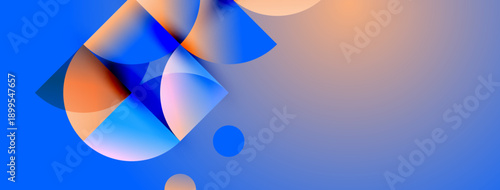 Abstract shapes blend blues, oranges, whites. Gradient background creates depth, modern feel. Minimalist design, dynamic composition.