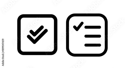 Black and White Checked Box and Checklist Icons for Task Completion and Approval