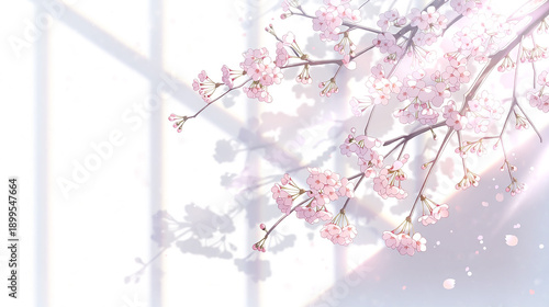 窓際のインテリアふわふわの桜の背景　Generative AI