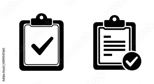 Black and White Clipboard Icons with Checkmark and Checked List for Task Management