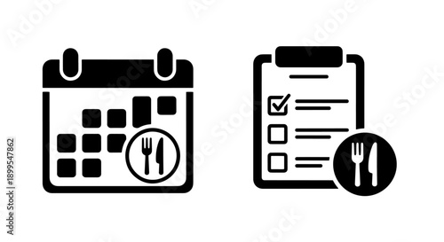 Meal Planning and Food Schedule Checklist Icons for Restaurant and Diet Management