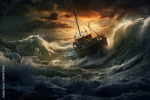 Wallpaper Mural Fishing boat navigating through high waves and rain in a dramatic ocean storm at sunset Torontodigital.ca