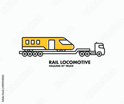 Truck trailer load a train logo design. Modern train locomotive being transported on trailer. Heavy haulage delivery truck line art outline style vector illustration