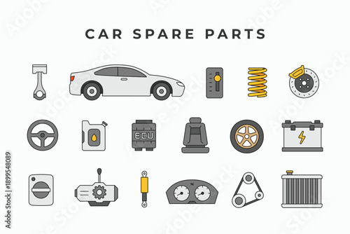 Car spare parts icons set simple modern style design. Automotive vehicle car parts outline color vector logo icon sign collections
