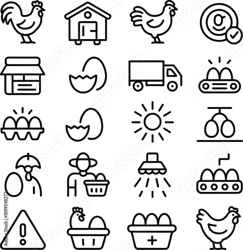 Poultry farming icons, egg production symbols, chicken graphics, incubation signs, delivery elements, agricultural pictograms, vector illustrations, minimal design, black and white