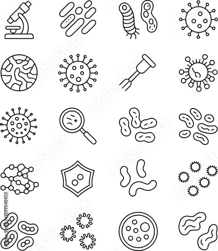 Microbiology icons, virus, bacteria, microscope, immunity, petri dish, molecular structure, scientific tools, black and white, vector set, lab