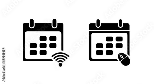 Solid Calendar Icons with Wi-Fi and Mouse Symbols for Digital Events and Online Scheduling