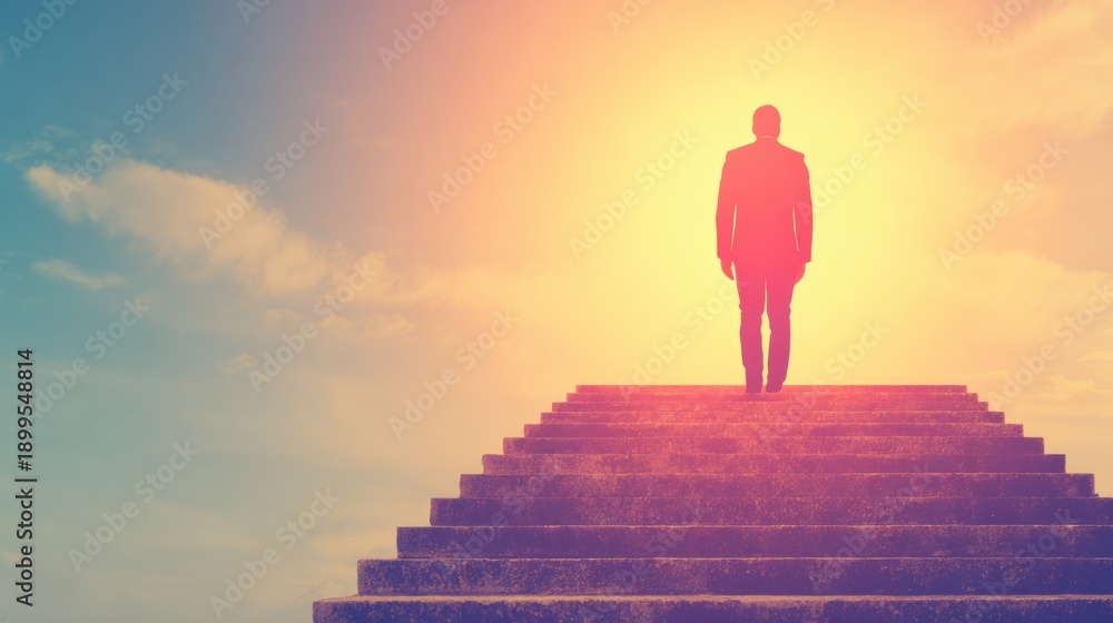 Obraz premium Man walking up stairs towards bright light during sunset time