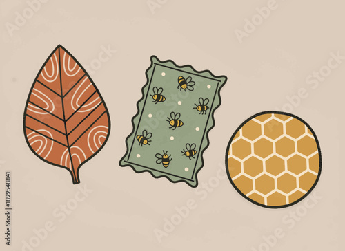 Reusable beeswax food wraps set. Eco friendly zero waste kitchen items. Textured vector illustration
