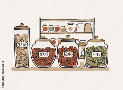 Bulk food store glass jars with grains beans and nuts. Zero waste pantry organization vector illustration