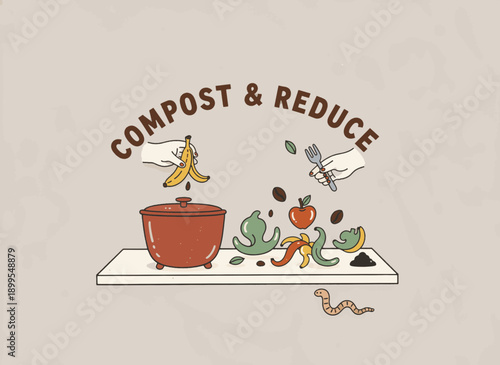 Kitchen compost caddy and food waste concept. Hands discarding organic scraps with earthworm. Vintage textured vector illustration