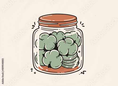 Glass jar with cotton pads and balls. Zero waste bathroom storage. Hand drawn vector illustration