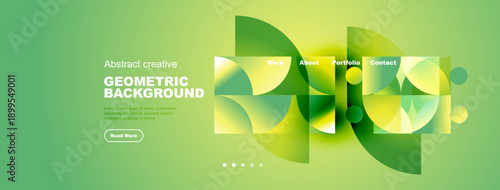 Abstract website mockup features geometric shapes, gradients. Navigation includes work, about, portfolio, contact options. Minimalist design.