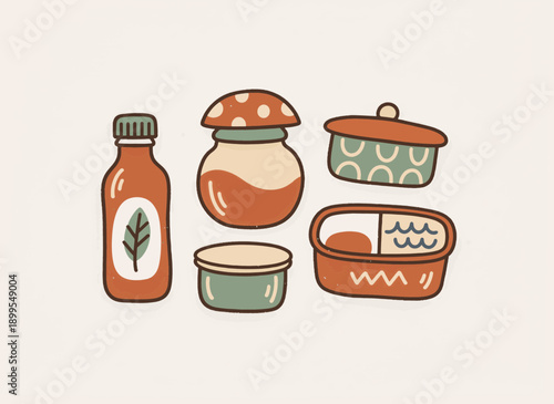 Reusable food storage containers set. Zero waste and plastic free kitchen elements. Hand drawn vector illustration of eco friendly jars and lunch boxes