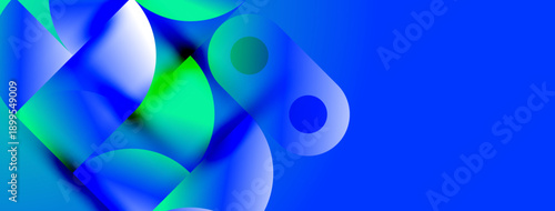 Abstract shapes blend vibrant blues, greens. Smooth gradients create flowing, modern visual impact. Minimalist design emphasizes color transitions.