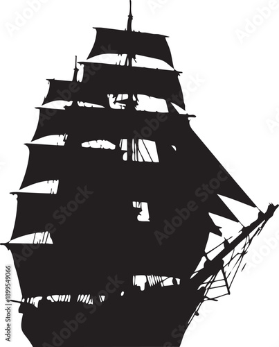 A majestic black silhouette of a sailing ship against a white background. isolated on transparent background, Vector