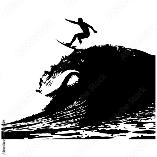A surfer rides a massive wave in a dramatic black and white illustration. isolated on transparent background, Vector