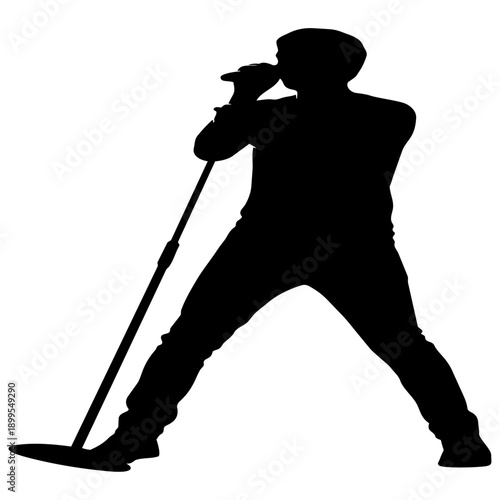 Singer performing on stage with dynamic microphone isolated on transparent background, Vector