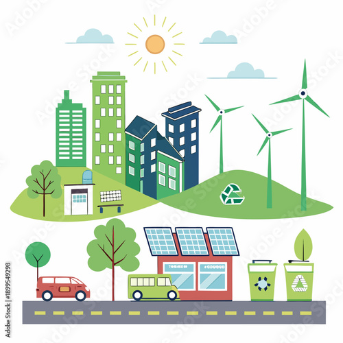 Illustration of a sustainable city with renewable energy sources and eco-friendly transportation
