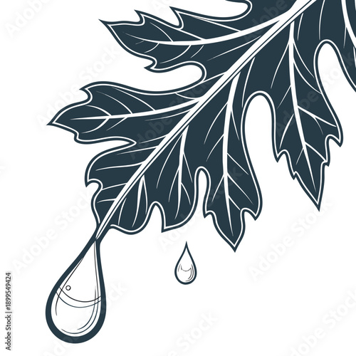 Detailed illustration of a leaf with falling raindrops against a plain background