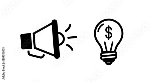Megaphone Loudspeaker and Dollar Lightbulb Icons for Marketing Ideas and Profitable Innovations