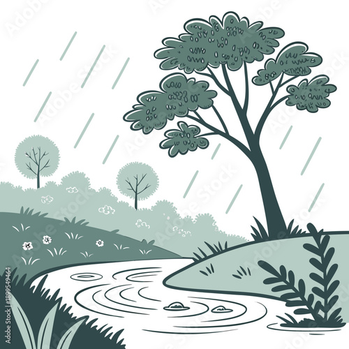 Serene landscape featuring a tranquil stream surrounded by lush greenery and trees under a rainy sky