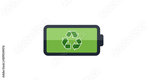Recycling symbol on a green battery icon representing eco-friendly technology and sustainable energy solutions
