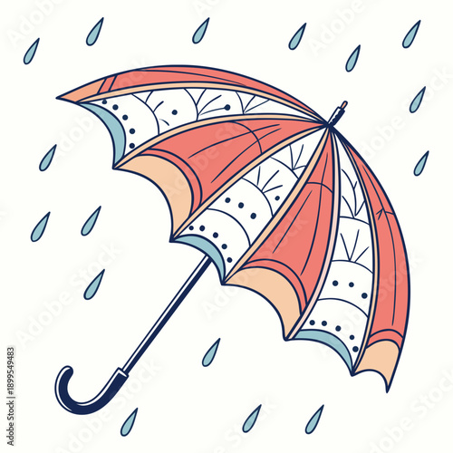 Colorful striped umbrella standing in a gentle rain shower