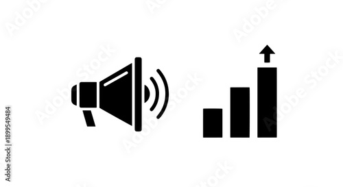 Megaphone Loudspeaker and Upward Bar Chart Icons for Marketing Promotion and Business Growth