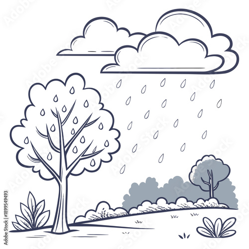 A serene landscape featuring rain-soaked trees and a peaceful sky with scattered clouds.