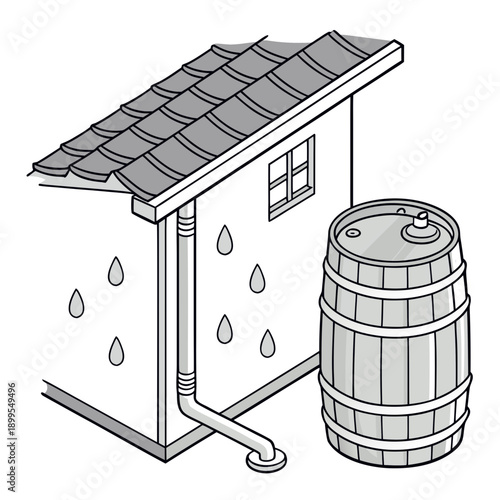 Rainwater harvesting system collecting water from a roof into a barrel