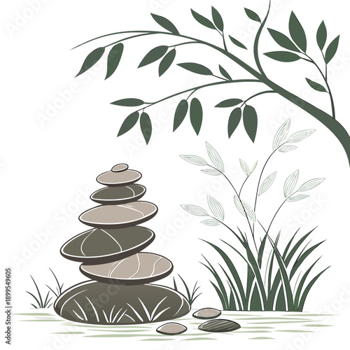 Balanced stones stacked harmoniously amidst natural greenery and branches