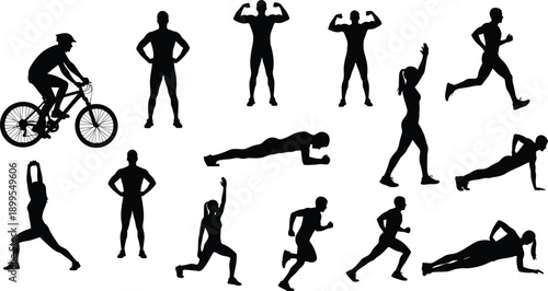 Fitness sport silhouettes set, athletes exercising, running, cycling, strength training, workout poses, black vector people illustration collection
