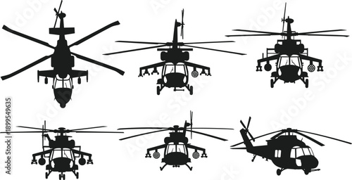 Military attack helicopter silhouettes collection, combat gunship aircraft views, black vector aviation illustrations for defense, warfare, security, games