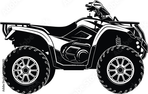 All terrain vehicle ATV silhouette illustration with large off road tires and rugged design, side view isolated on white background motorsport vector artwork