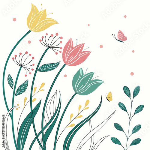 A vibrant watercolor illustration of blooming flowers in a whimsical garden scene