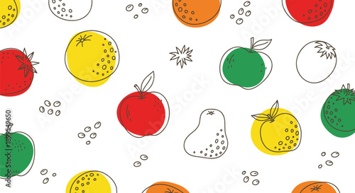 Colorful fruit pattern with apples pears oranges on white background