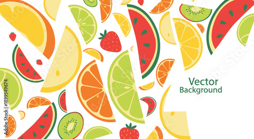 Vibrant colorful fruit slices and wedges on white background vector illustration