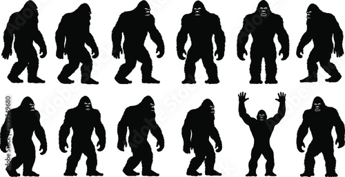 Bigfoot silhouette collection showing multiple walking and standing poses, black sasquatch figures isolated on white background, mythical creature motion illustration design for creative projects