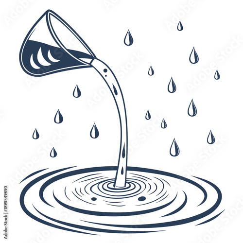 A teapot pouring water into a circular pool with ripples and droplets falling around it